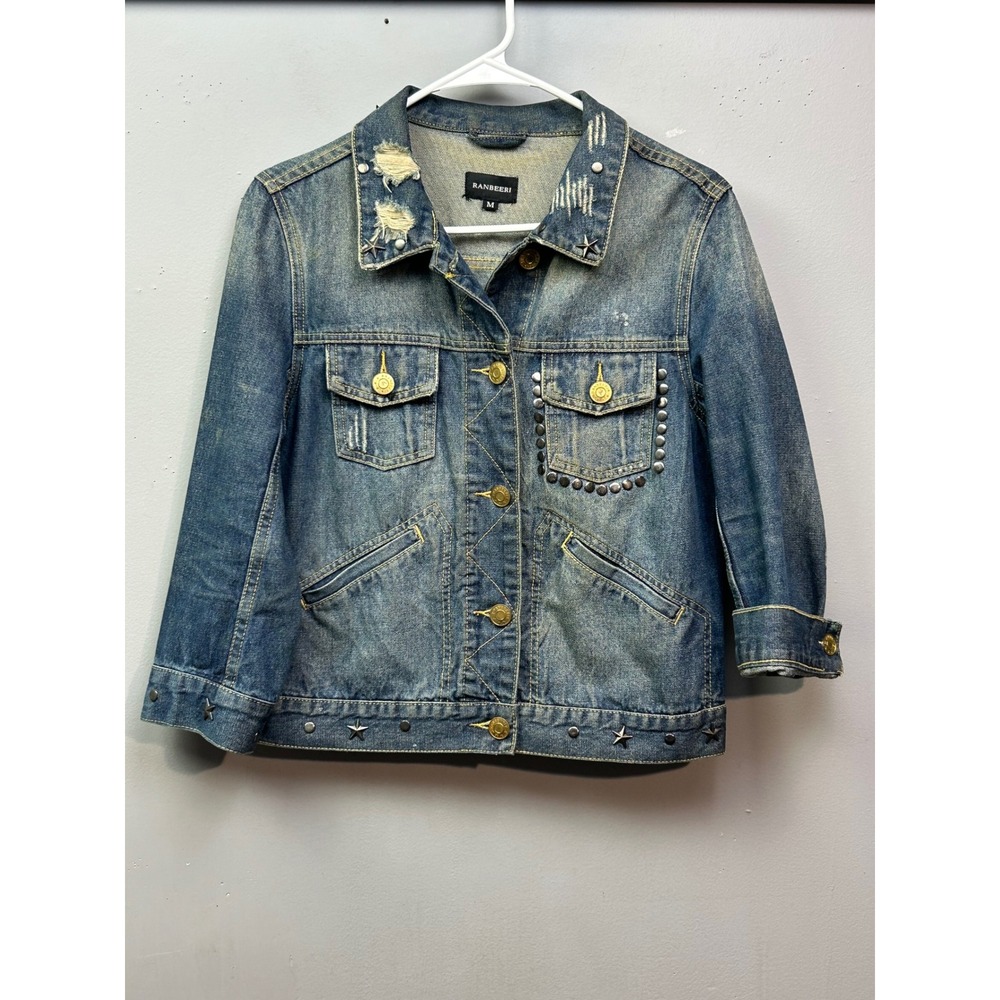 Ranbeeri Denim‎ Jacket Studded Distressed Jean Jacket Cropped Embellished M